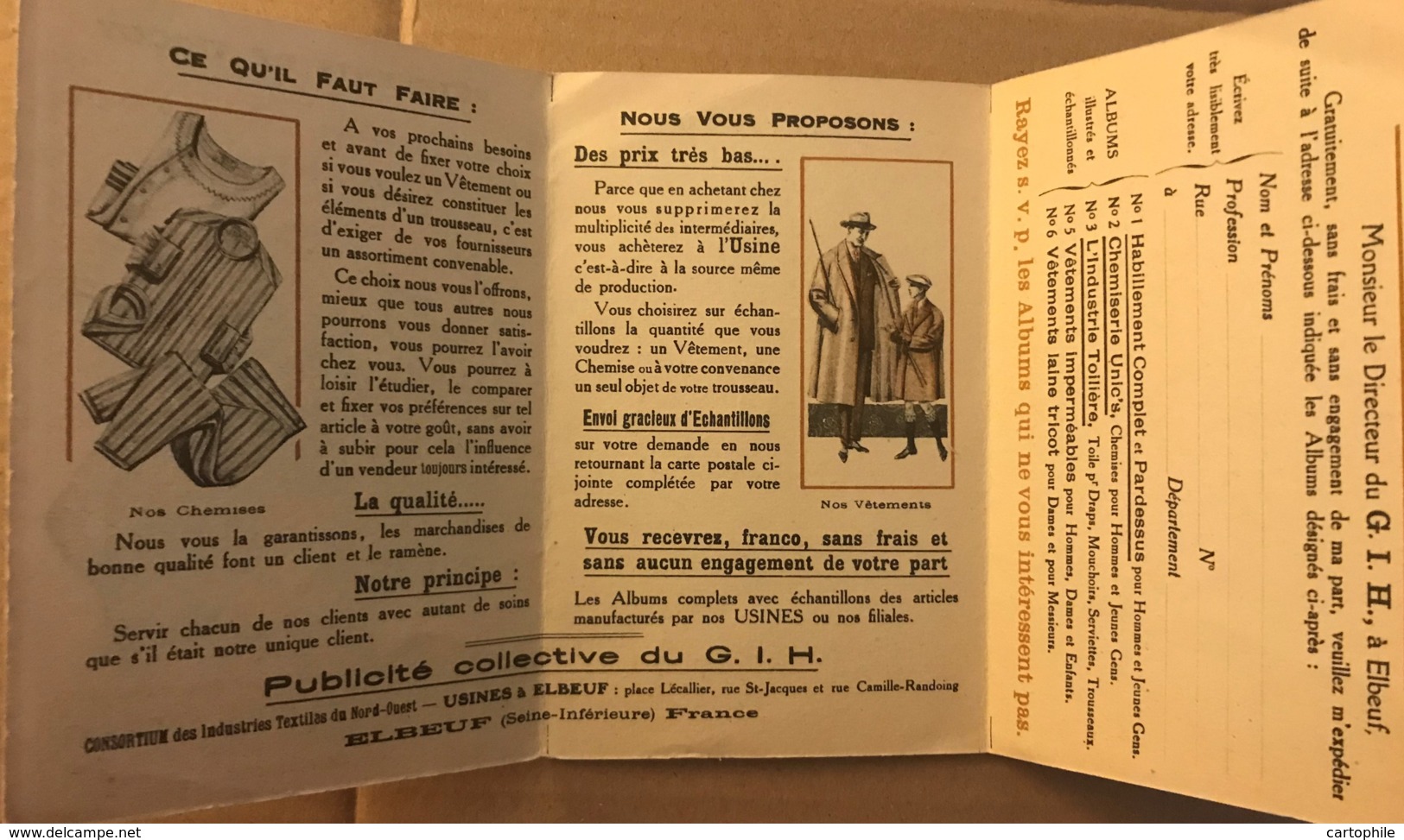 Carte Publicitaire Illustrée 3 Volets Du Groupement Industriel De L'Habillement à Caudebec Les Elbeuf - Tricot Vetement - Pubblicitari