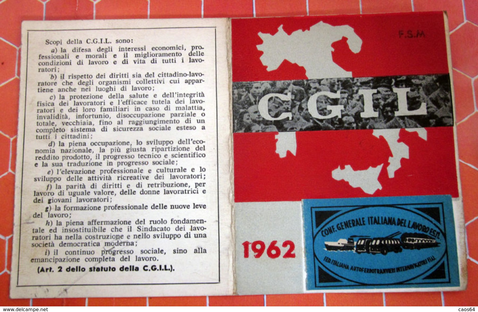 TESSERA CGIL  1962 TORINO - Mitgliedskarten