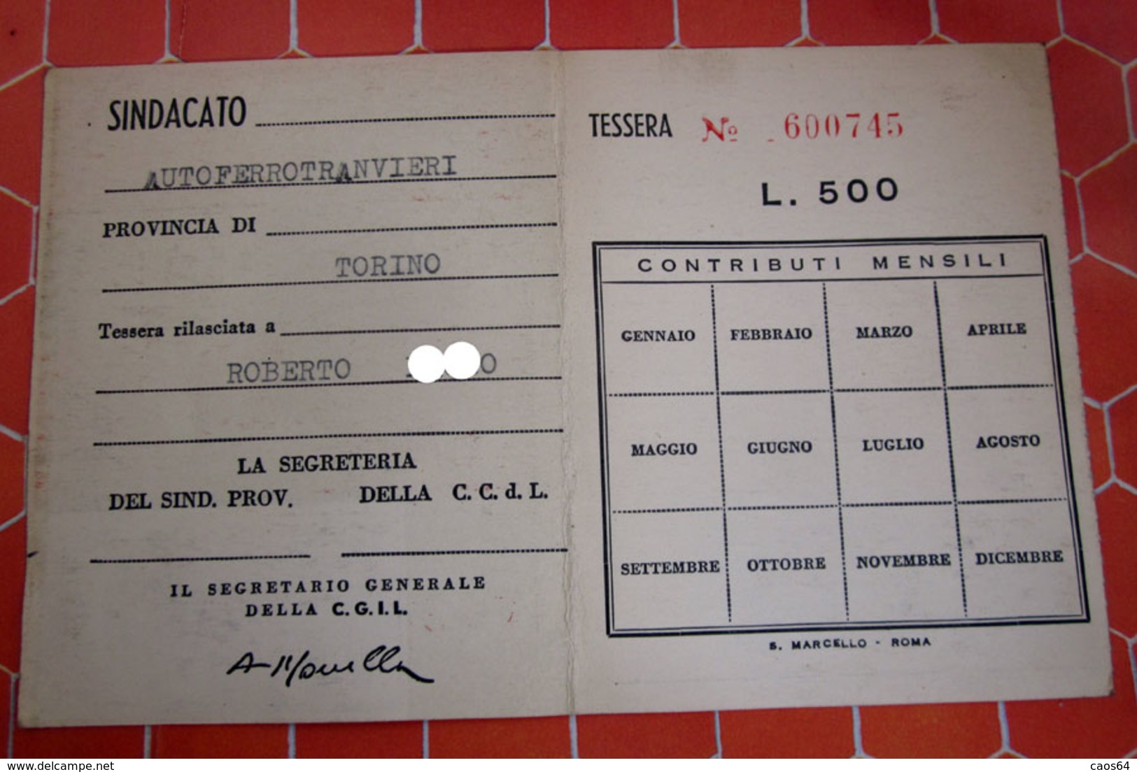 TESSERA CGIL  1962 TORINO - Lidmaatschapskaarten