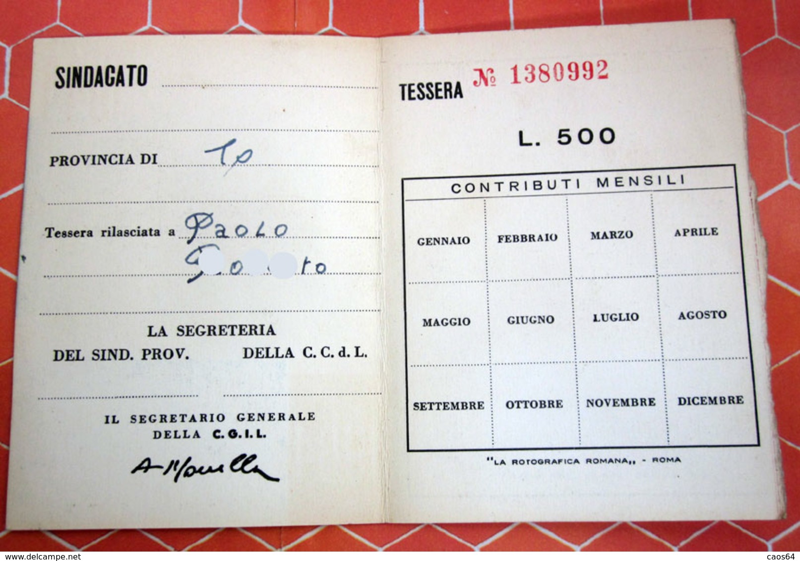 TESSERA CGIL  1964 TORINO - Tessere Associative