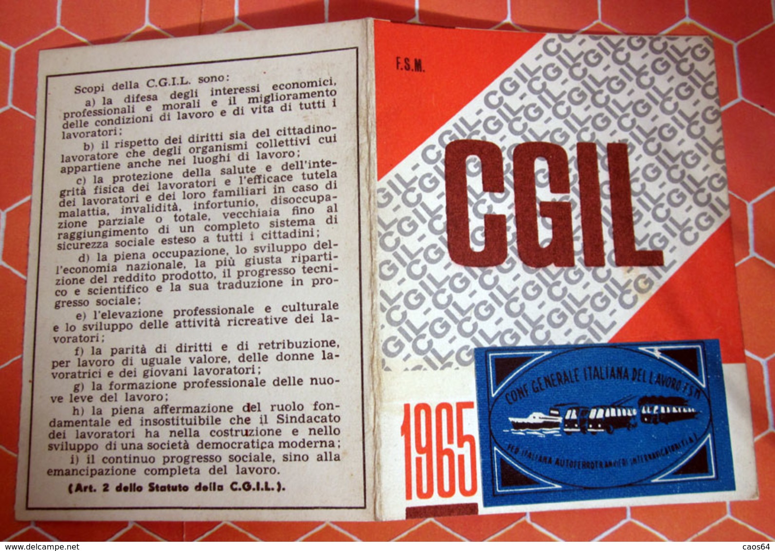 TESSERA CGIL 1965 TORINO - Cartes De Membre