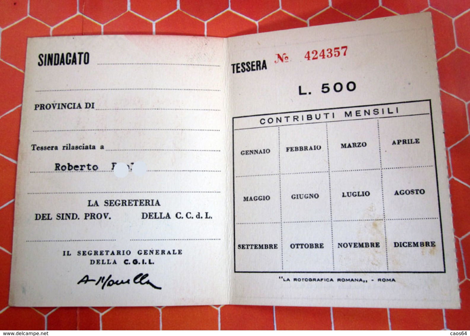 TESSERA CGIL 1965 TORINO - Cartes De Membre