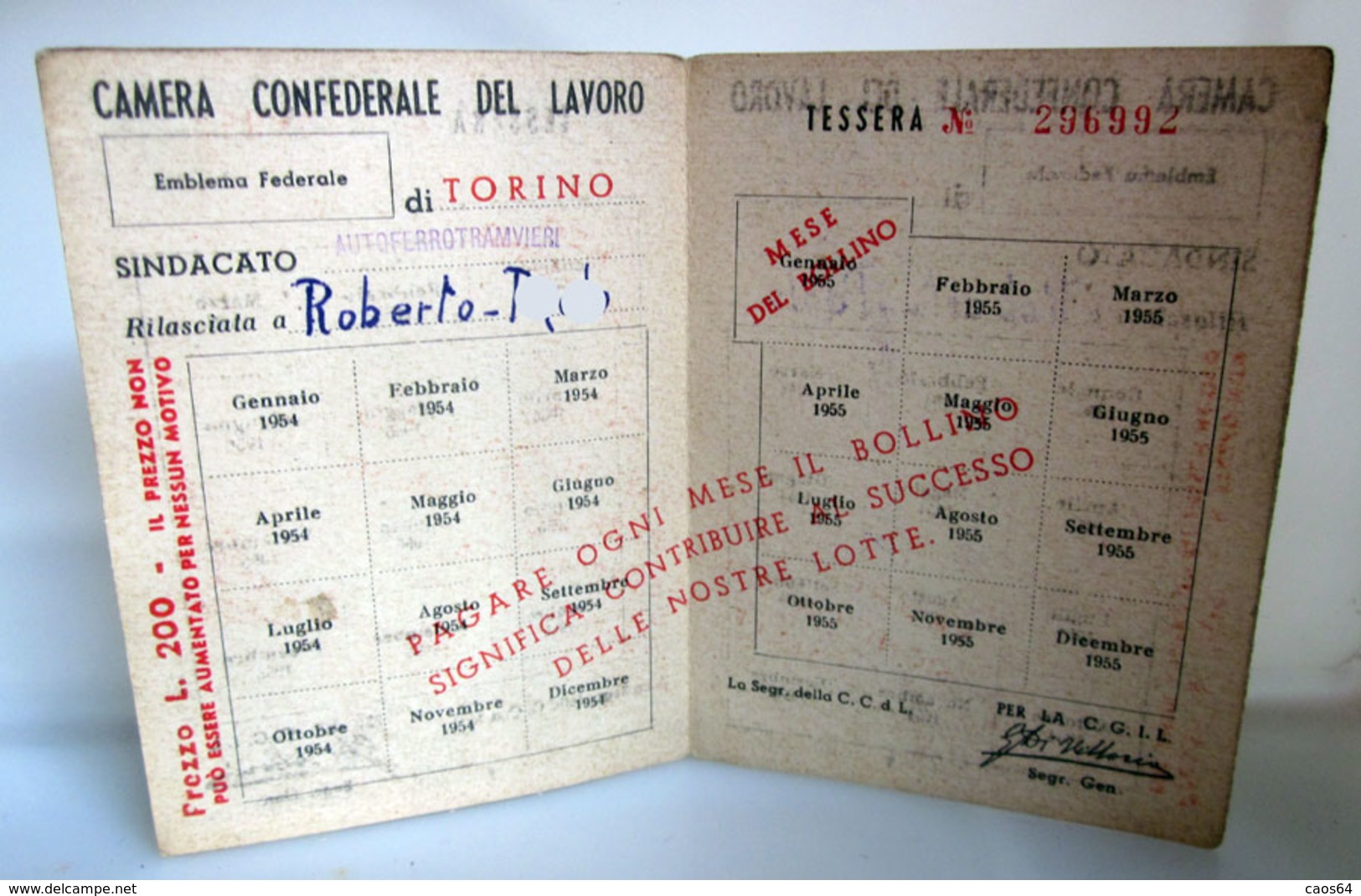 TESSERA CGIL FERROTRANVIERI TORINO 1954 - 55 - Cartes De Membre