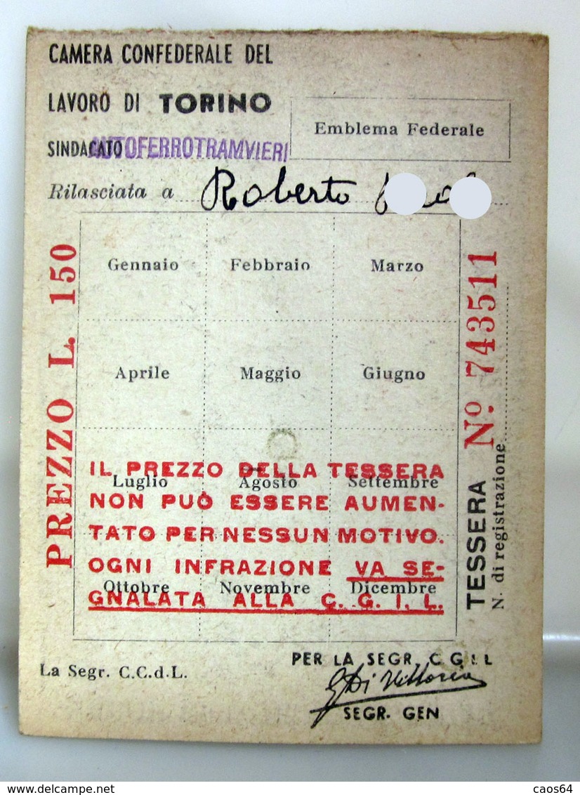 TESSERA CGIL FERROTRANVIERI TORINO 1953 - Mitgliedskarten