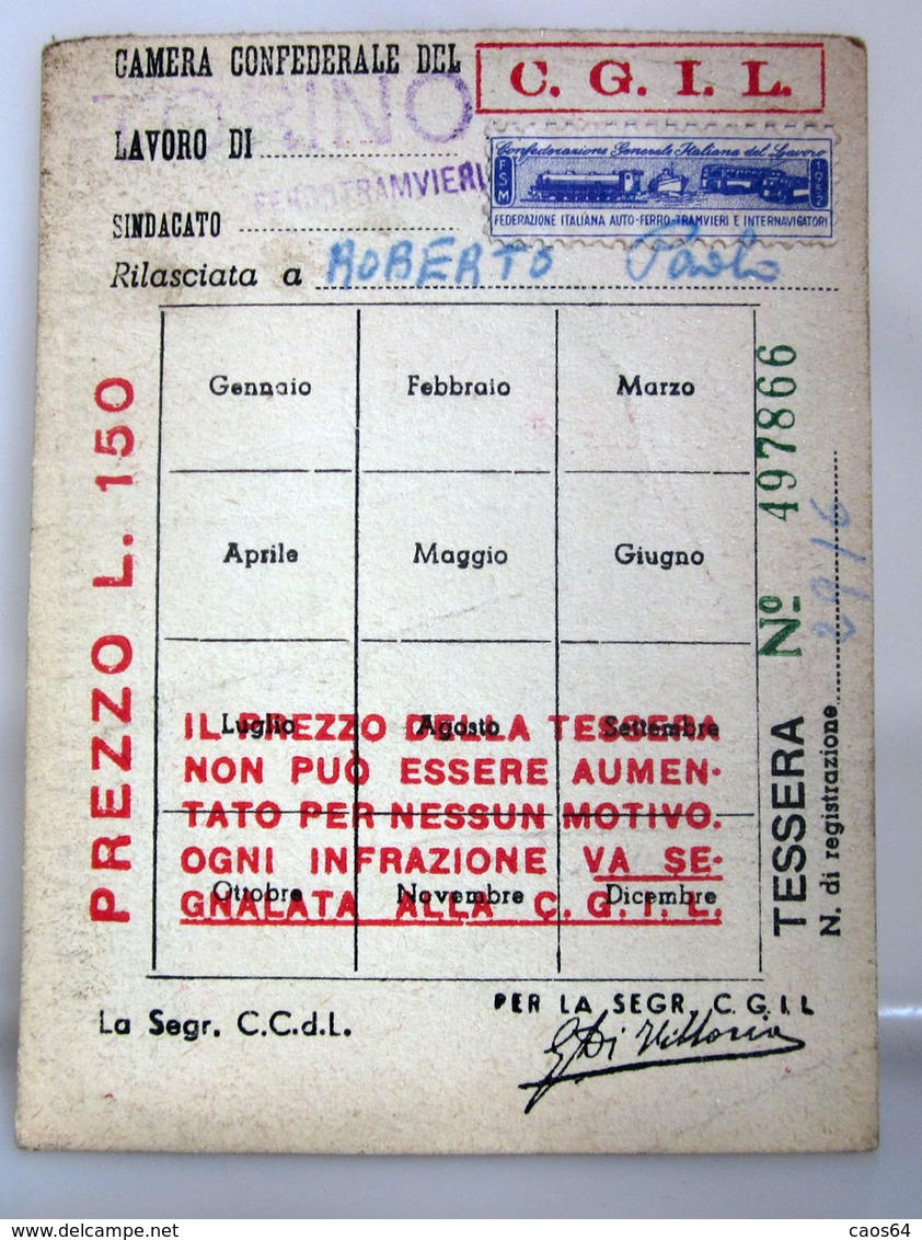 TESSERA CGIL FERROTRANVIERI TORINO 1952 - Mitgliedskarten