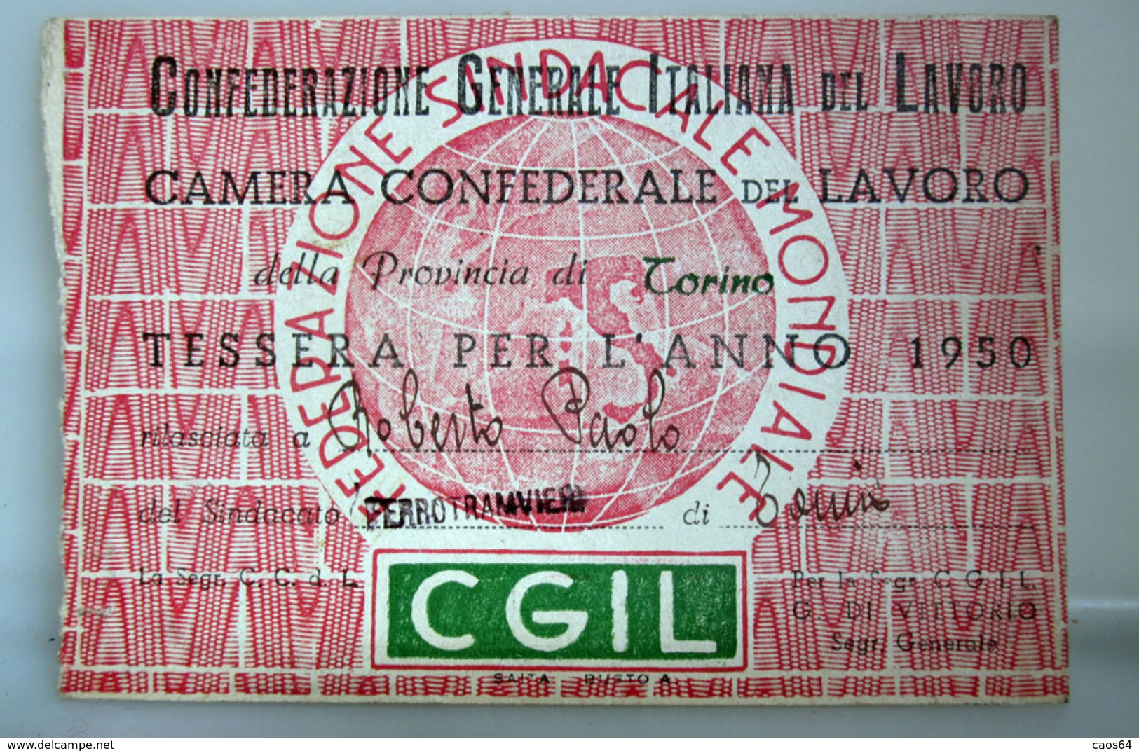 TESSERA CGIL FERROTRANVIERI TORINO 1950 - Lidmaatschapskaarten