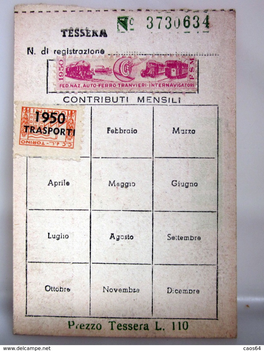 TESSERA CGIL FERROTRANVIERI TORINO 1950 - Cartes De Membre