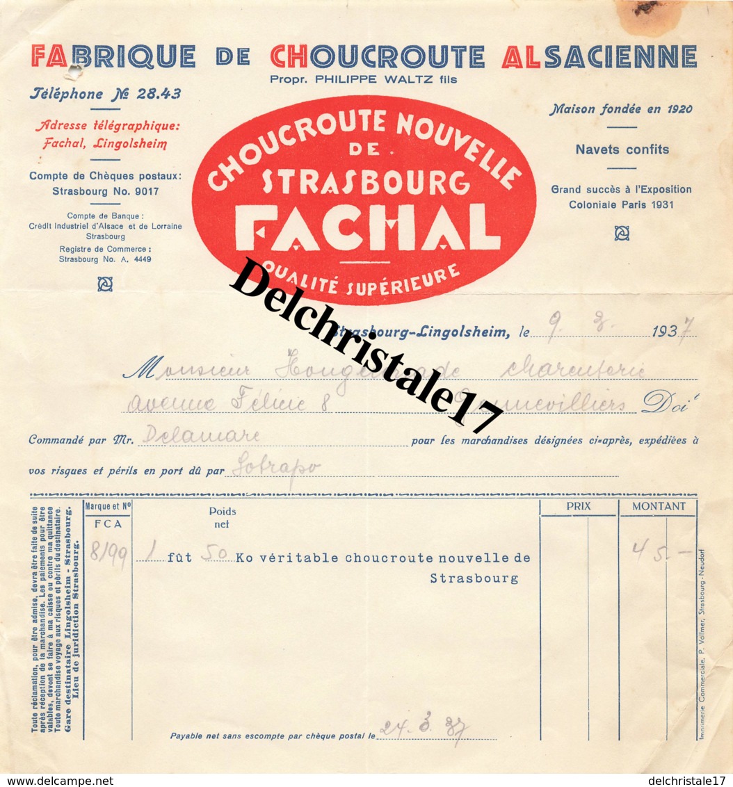 67 STRASBOURG BAS-RHIN 1937 Fabrique De Choucroute ALSACIENNE Navets Confits Propr. Philippe WALTZ Fils Marque FACHAL - 1900 – 1949