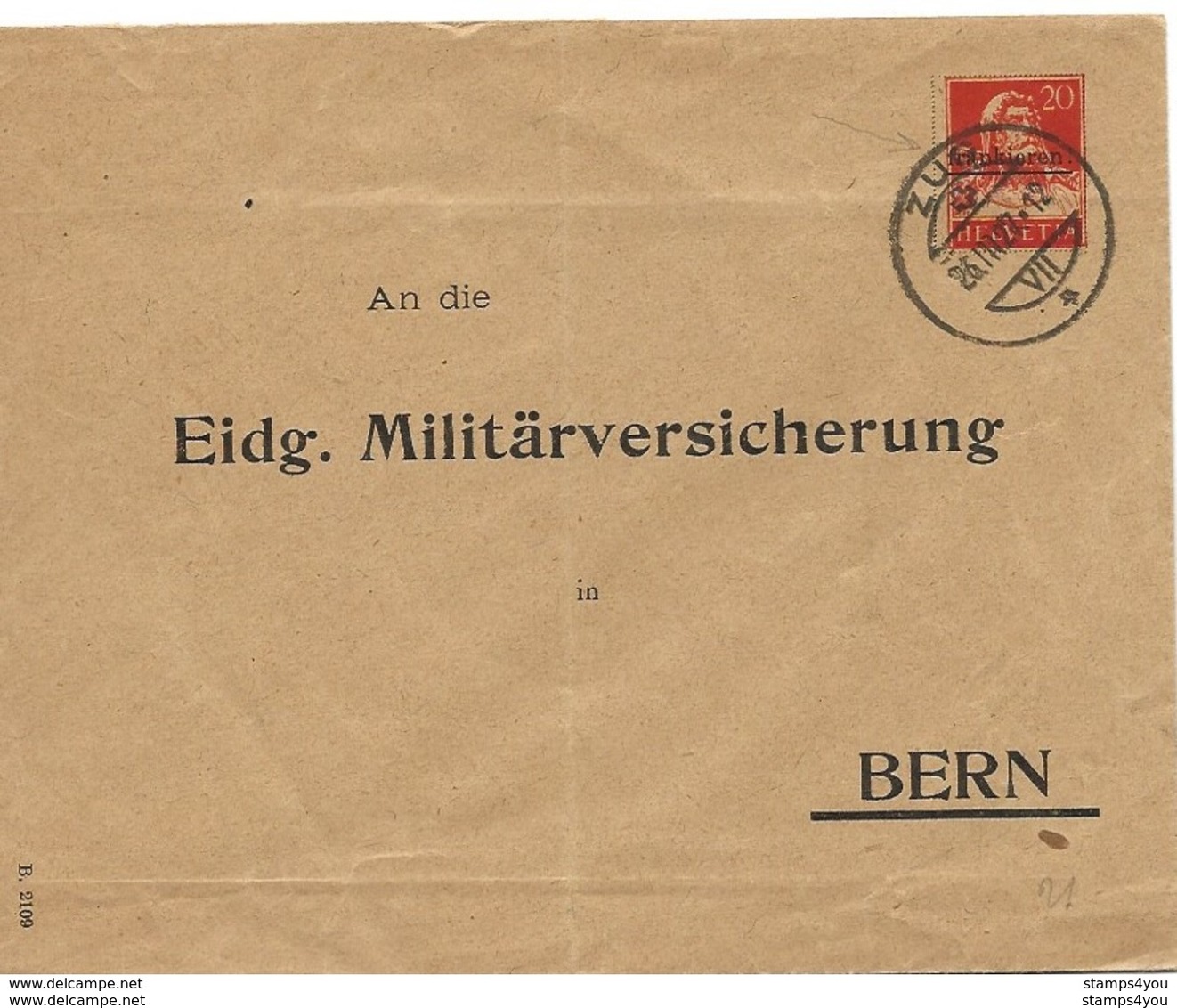 231 - 60 - Entier Postal Privé "Eidg. Militärversicherung Bern" Cachet à Date Zug 1927 - Entiers Postaux