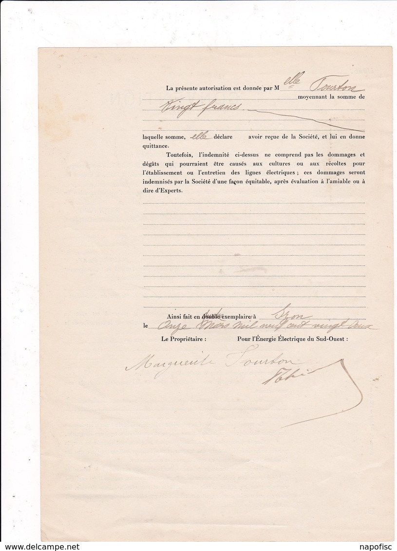 33-Convention  Entre Energie Electrique Du Sud-Ouest & Mlle Fourton..Izon..(Gironde) .1922 - Gesetze & Erlasse