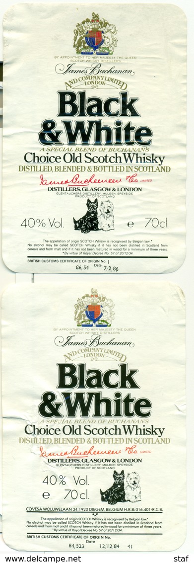 2 Etiketten / étiquettes Différentes Whisky Black & White 1984 + 1986 - Whisky