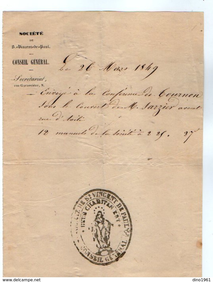 VP17.115 - PARIS 1849 - Lettre Du Secrétaire De La Société De Saint Vincent De Paul Relative à La Conférence De TOURNON - Godsdienst & Esoterisme