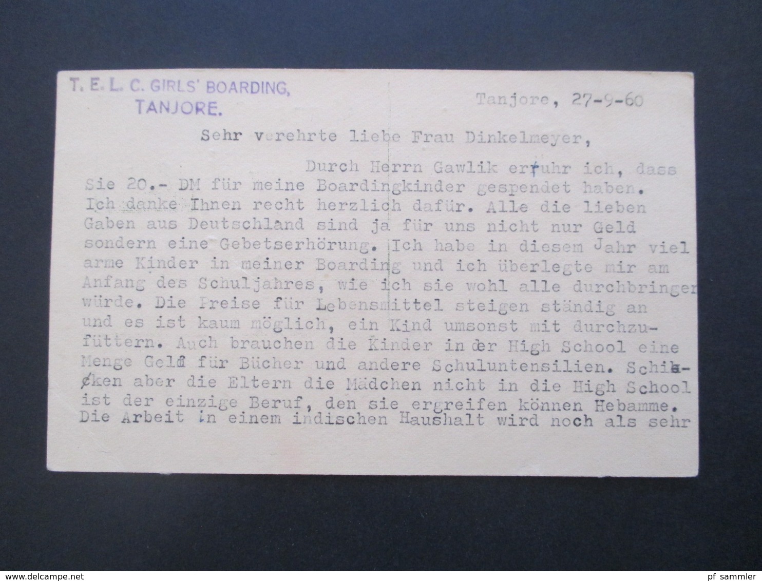 Indien 1960 Ganzsache Aus Tanjore Absender T.E.L.C. Girls' Boarding Bedankt Sich Für Die Spende - Lettres & Documents