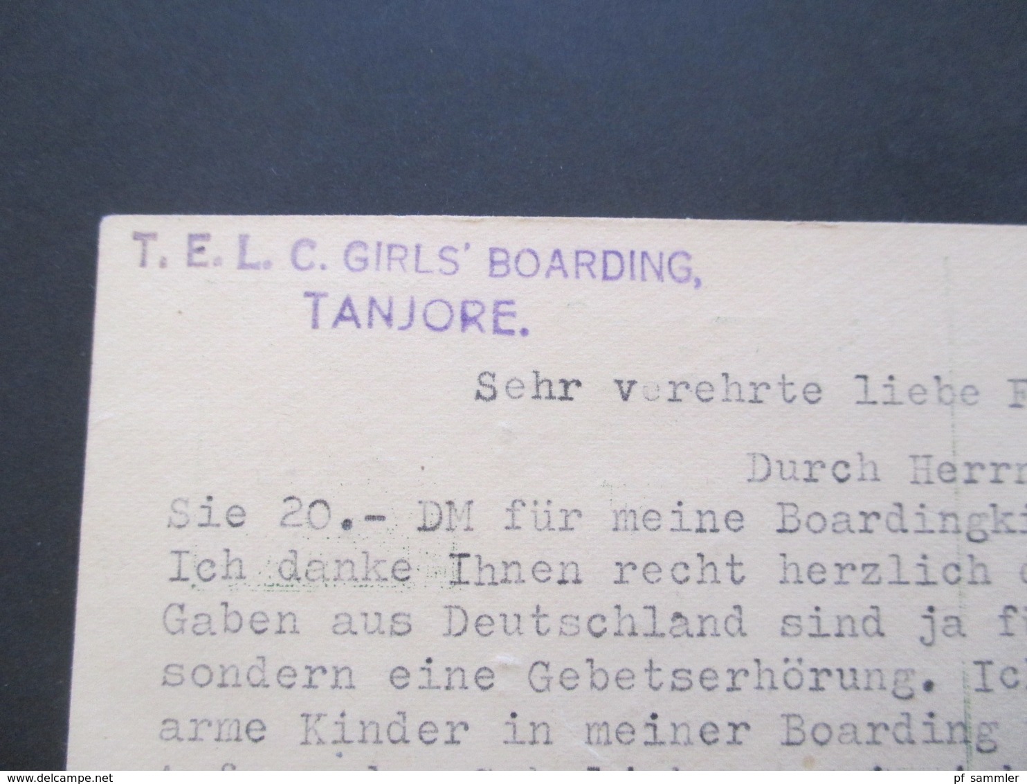 Indien 1960 Ganzsache Aus Tanjore Absender T.E.L.C. Girls' Boarding Bedankt Sich Für Die Spende - Brieven En Documenten