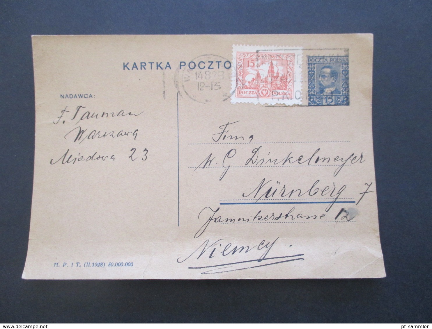 Polen 1928 Ganzsache Mit Zusatzfrankatur Nach Nürnberg Gesendet - Cartas & Documentos