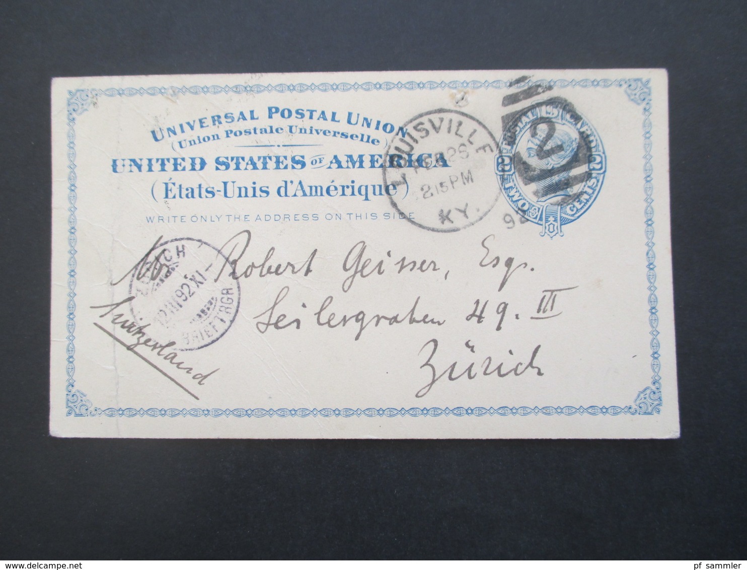 USA 1892 Ganzsache Nach Zürich In Der Schweiz Gesendet Mit Ank. StempelZürich Brieftrgr. - Briefe U. Dokumente