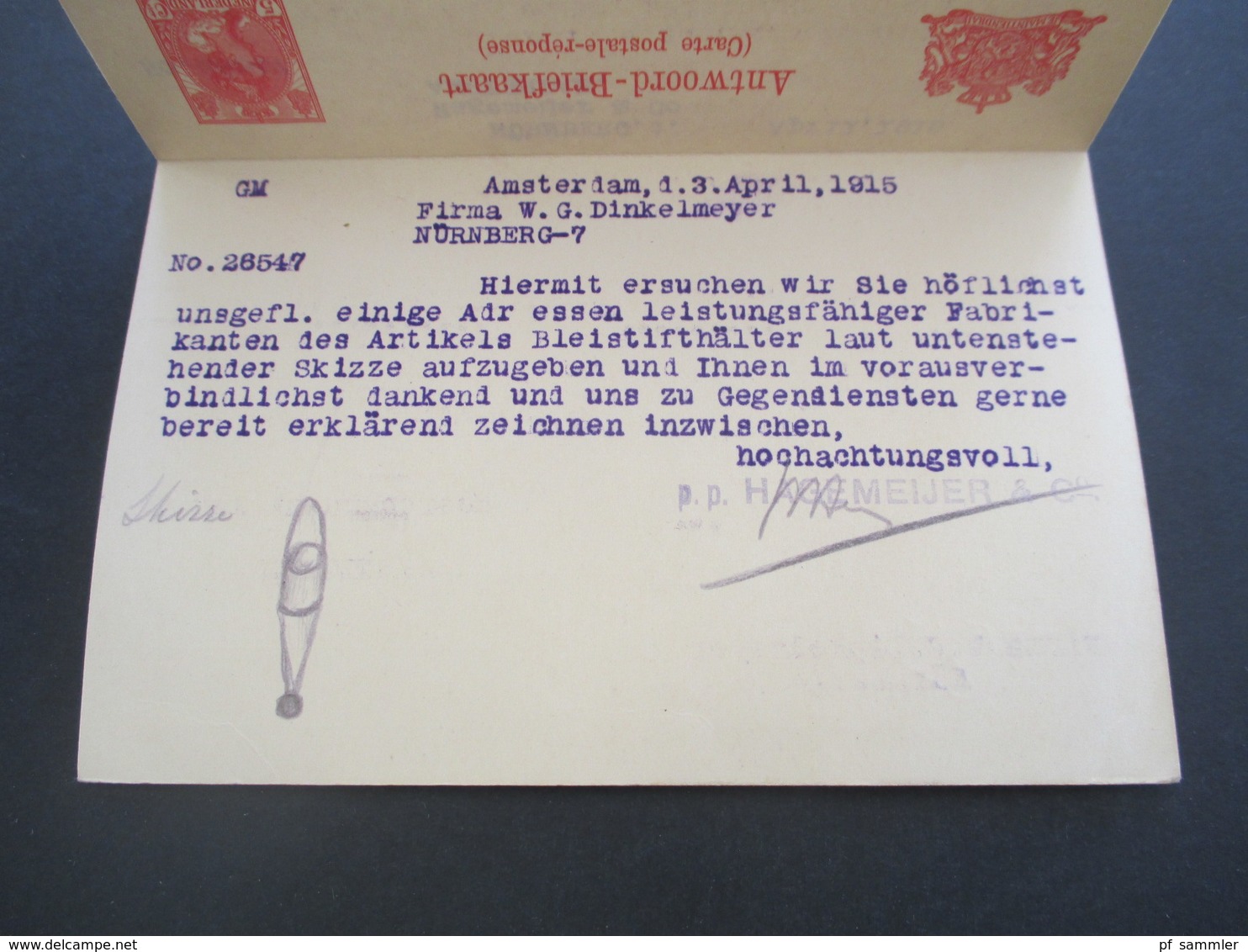 Niederlande 1915 Ganzsache / Doppelkarte Amsterdam - Nürnberg Bestellung Von Bleistifthalter Mit Handgemalter Skizze - Lettres & Documents