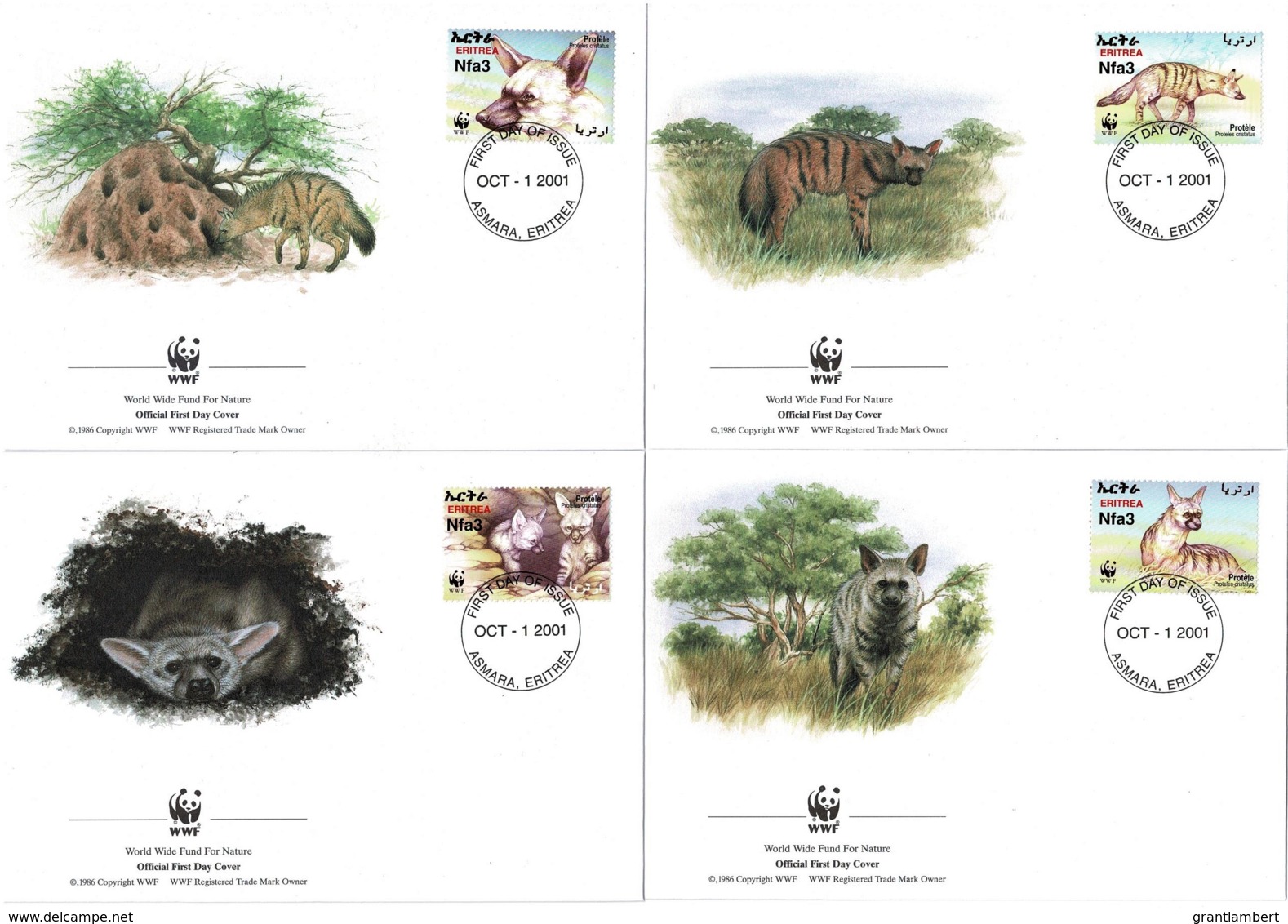 Eritrea 2001 Aardwolf Wildlife Set Of 4 WWF FDCs - Eritrea