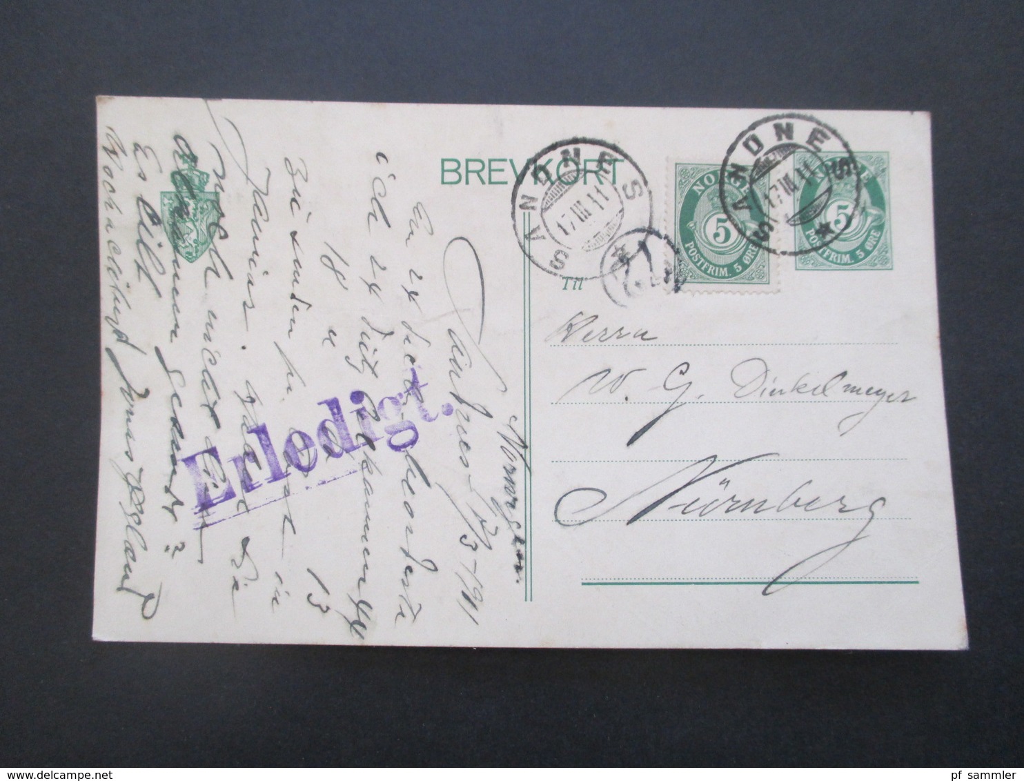 Norwegen 1911 Ganzsache Mit Zusatzfrankatur Stempel Sandnes Nach Nürnberg Gesendet - Storia Postale