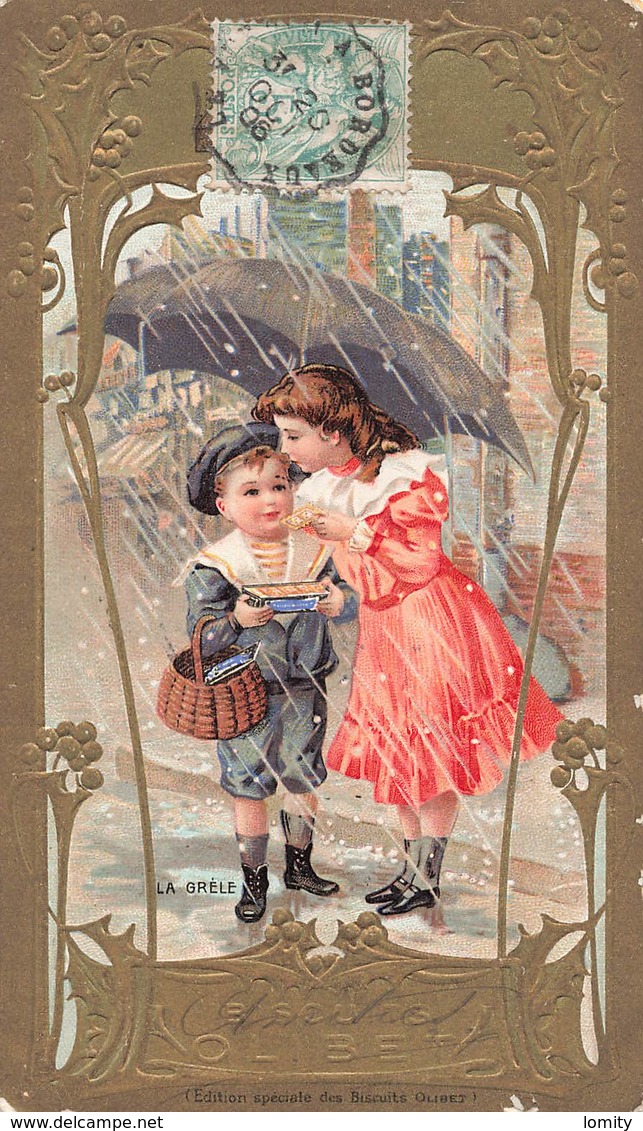 Chromo Dorée Gaufrée Biscuits Olibet - Art Nouveau - La Grele Enfants Parapluie Garçon Fille Fillette Cachet 1906 - Other & Unclassified