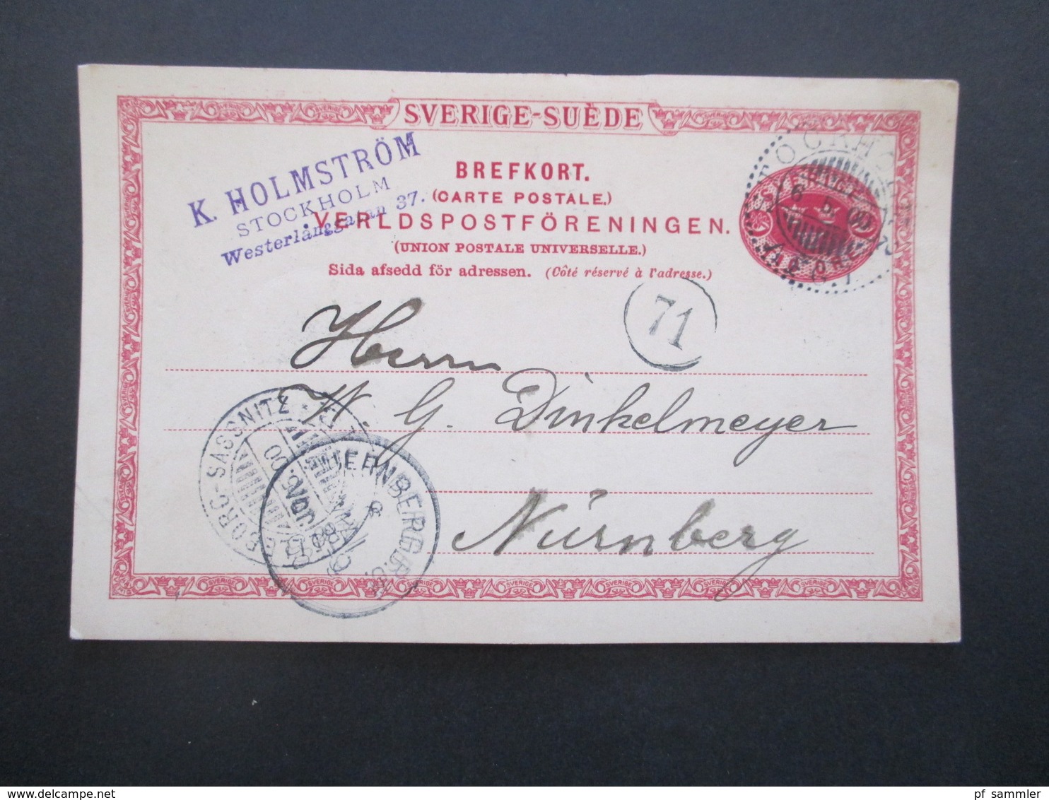 Schweden 1900 Ganzsache Schifsspost Stempel Trelleborg - Sassnitz Nach Nürnberg - Briefe U. Dokumente