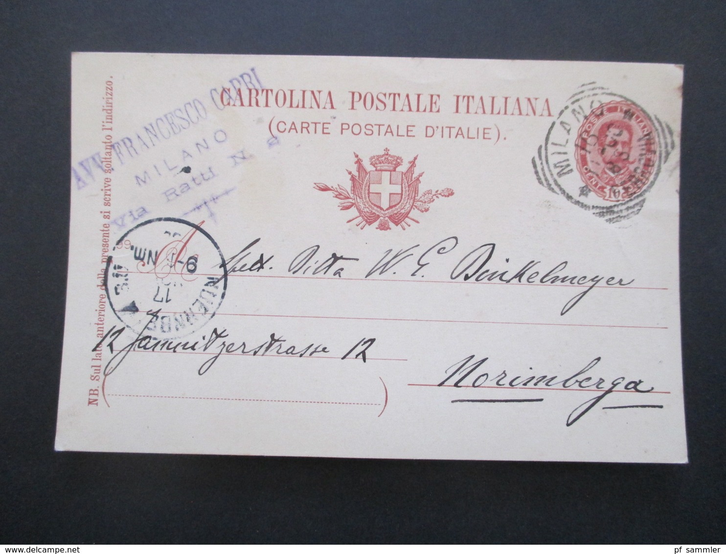 Italien Ganzsache 1900 Stempel Milano Nach Nürnberg Gesendet Rückseitig Mit Steuermarke / Fiskalmarke Marca Da Bollo - Postwaardestukken