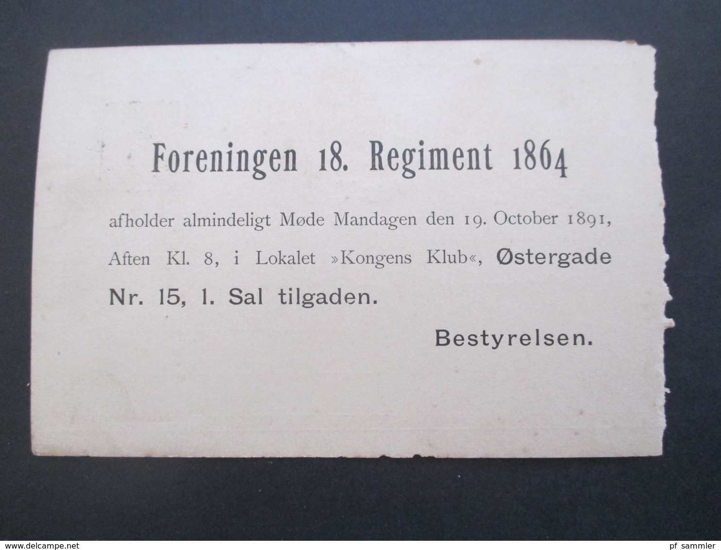 Dänemark 1891 Ganzsache P 17 Mit Gedrucktem Text Foreningen 18. Regiment 1864 Kongens Klub Ostergade - Briefe U. Dokumente