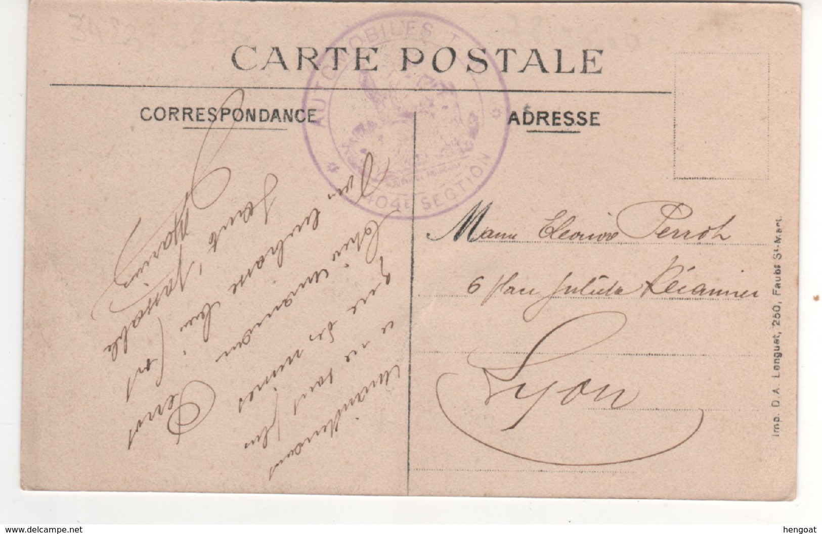 14/18 : Cachet " Automobiles TM 404 è Section " Sur Carte D' Arras Du 26/02/15 - Lettres & Documents