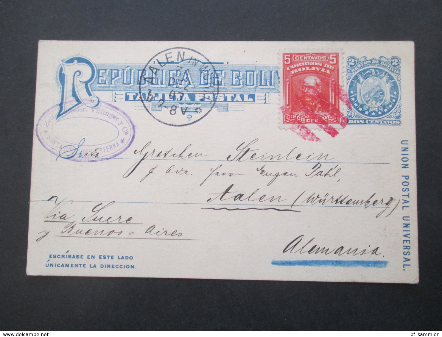 Bolivien 1903 Ganzsache Mit Zusatzfrankatur Und Rosa Stempel! Via Sucre / Buenos Aires Nach Aalen (Württemberg) - Bolivie