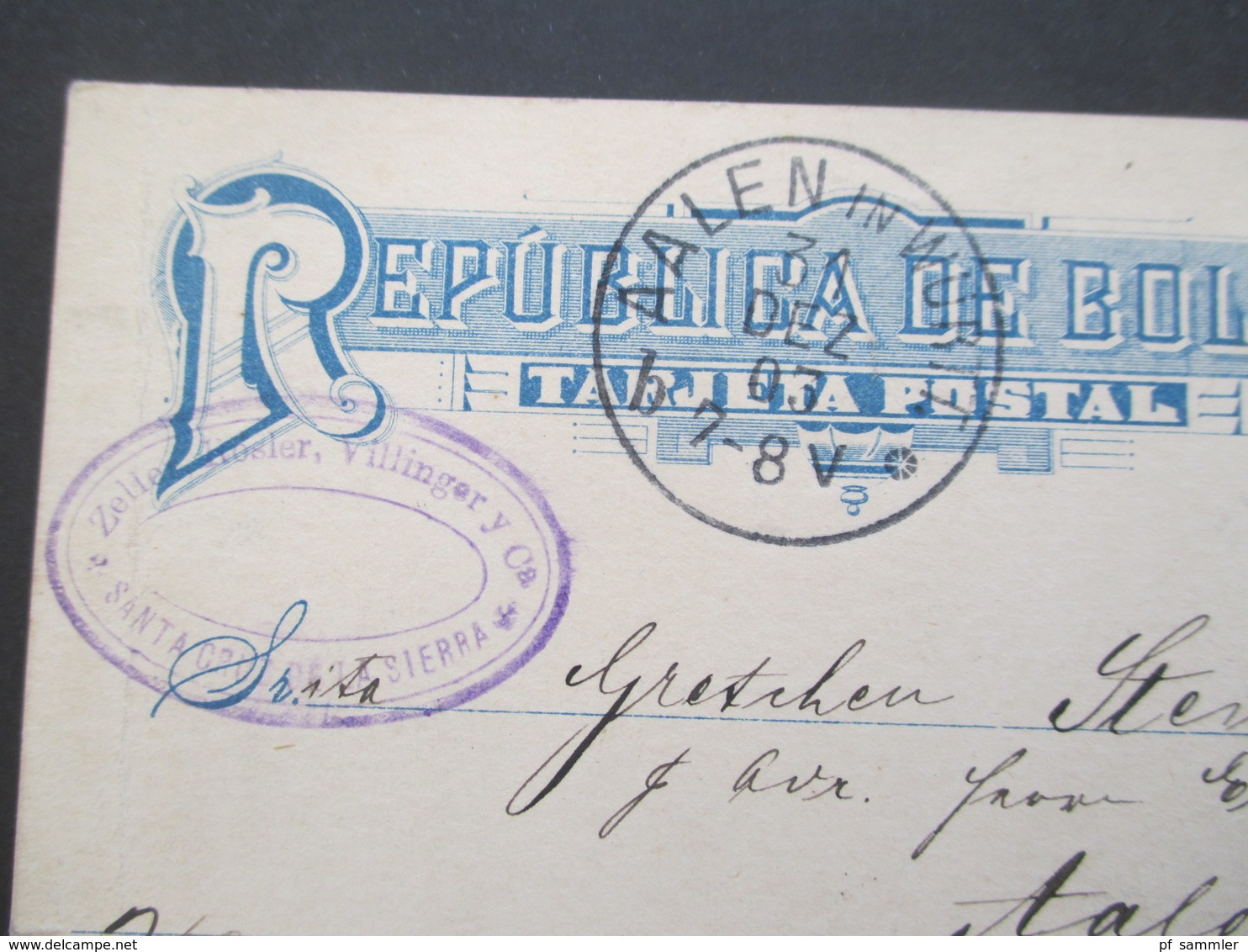 Bolivien 1903 Ganzsache Mit Zusatzfrankatur Und Rosa Stempel! Via Sucre / Buenos Aires Nach Aalen (Württemberg) - Bolivie