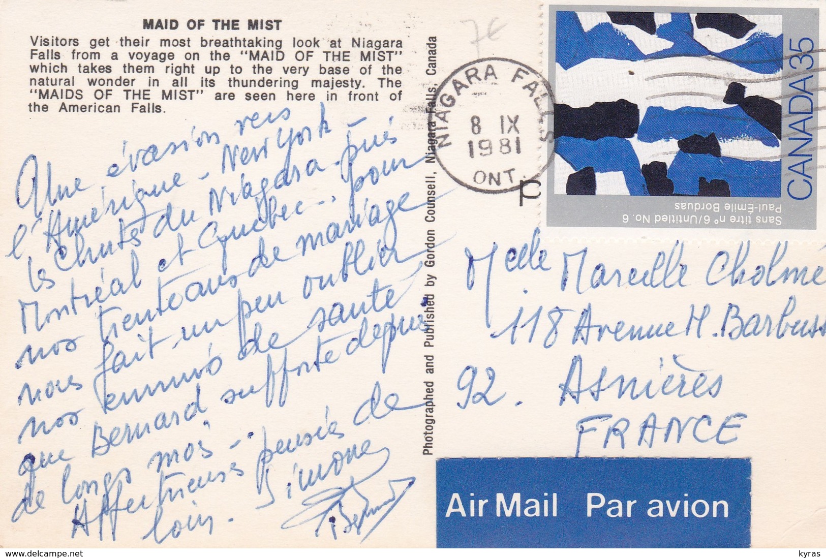 CANADA 35 Cts  Tableau "Sans Titte "N° 6 De Paul-Emile Borduas S/ Cpm 9x14  Bateau "Maid Of The Mist" - Used Stamps