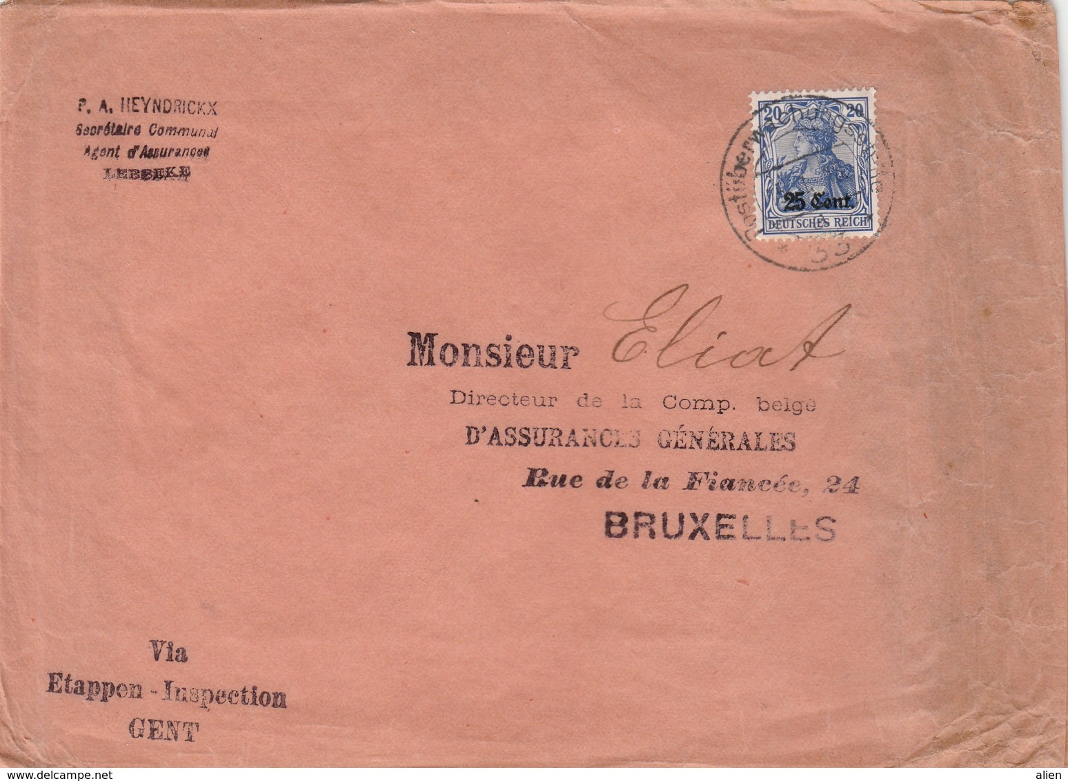 25 Ct Op Brief LEBBEKE Via Etappen Gent Naar Brussel. - Besetzungen 1914-18