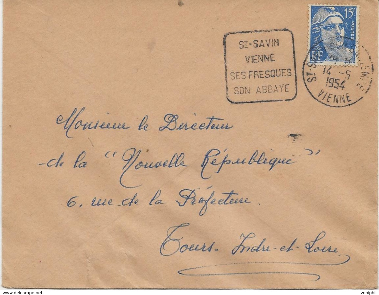 LETTRE OBLITERATION DAGUIN -  ST SAVIN -VIENNE -SES FRESQUES SON ABBAYE - ANNEE 1954 - Oblitérations Mécaniques (Autres)