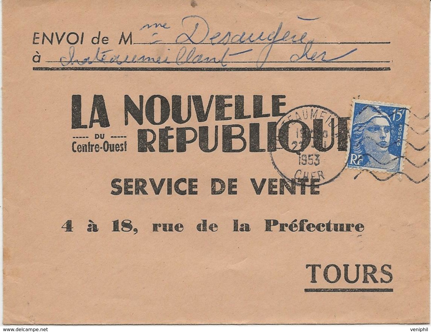 LETTRE OBLITERATION DAGUIN -  CHATEAUMEILLANT -CHER - ONDULATION 5 LIGNES -  1953 - Mechanical Postmarks (Other)