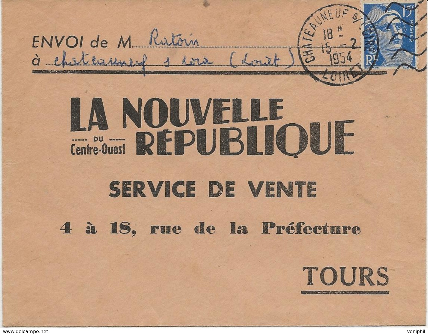 LETTRE OBLITERATION DAGUIN -  CHATEAUNEUF SUR LOIRE - LOIRET - ONDULATION 5 LIGNES - 1954 - Mechanical Postmarks (Other)