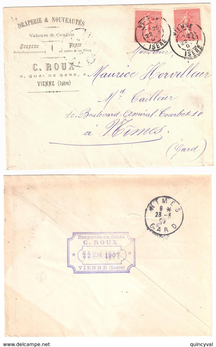 VIENNE Isère Lettre Entête Draperie Velours Coupons Tissus ROUX 10c Semeuse Lignée Yv 129 Ob 1907 Marque Dateur Verso - Covers & Documents