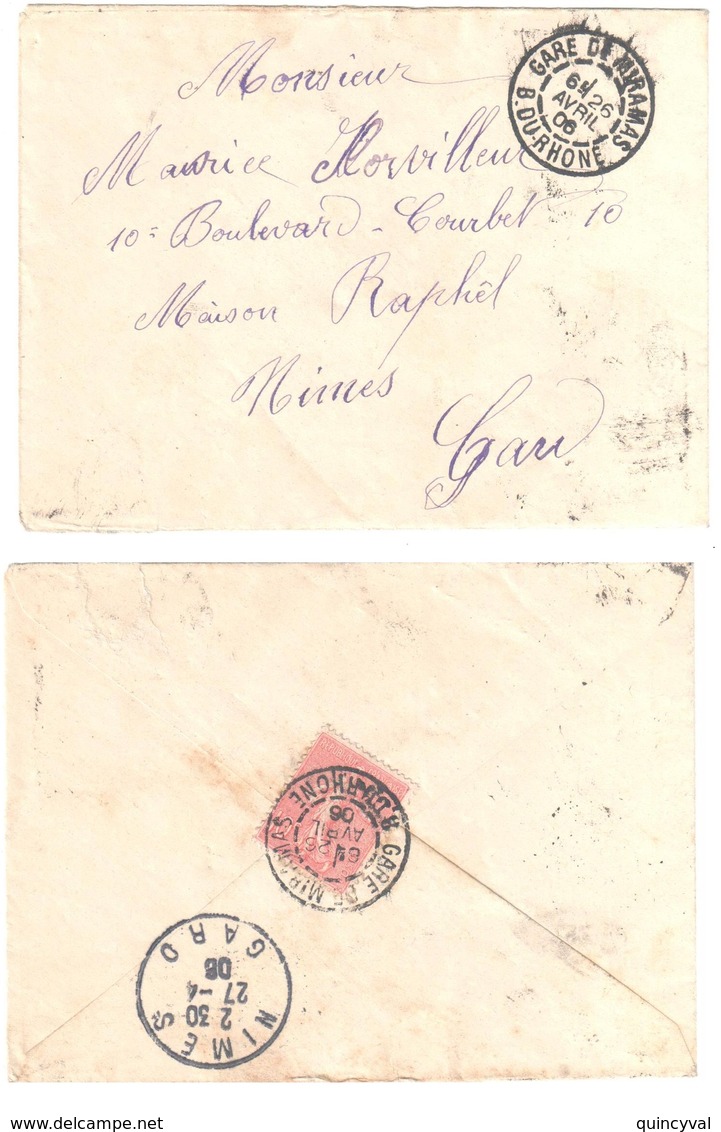 GARE DE MIRAMAS B Du Rhône  Lettre 10c Semeuse Lignée Rouge  Yv 129 Ob 26 4 1906 - Cartas & Documentos