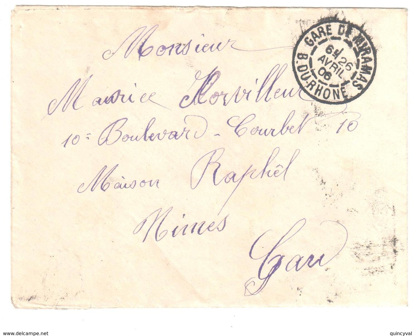 GARE DE MIRAMAS B Du Rhône  Lettre 10c Semeuse Lignée Rouge  Yv 129 Ob 26 4 1906 - Cartas & Documentos