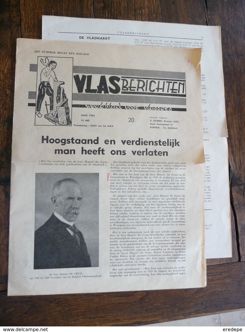 Vlas Wevelgem Vlasberichten, Weekblad Voor De Vlasser, Nr. 20 Van 15 Mei 1965. - Collections