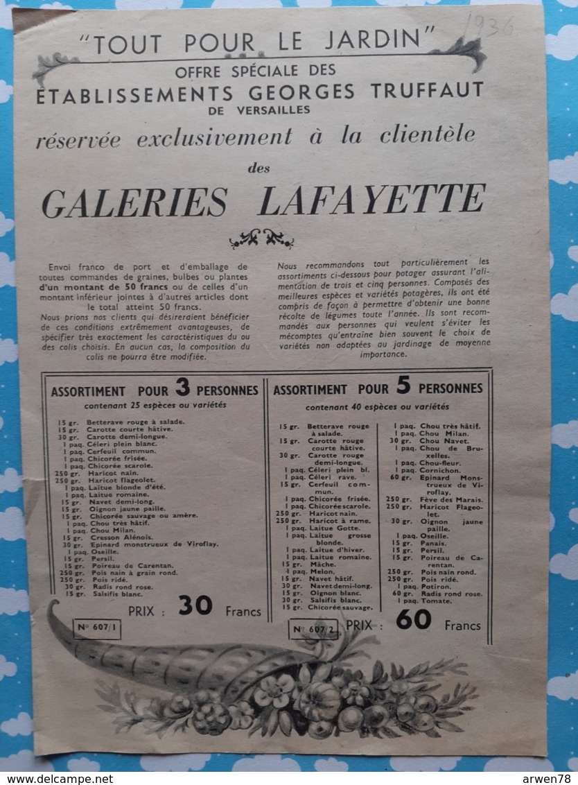 DEPLIANT PUBLICITAIRE POUR  LES GRAINES GEORGES TRUFFAUT POUR LES GALERIES LAFAYETTE 1936 - Publicités