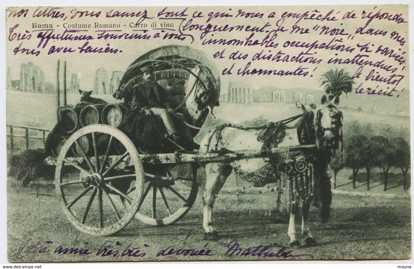 1517 - Italie - ROME - COSTUME ROMANO - CARRO DI VINO - MARCHAND DE VIN   - BEL ATTELAGE - Circulée En1916 - Transports