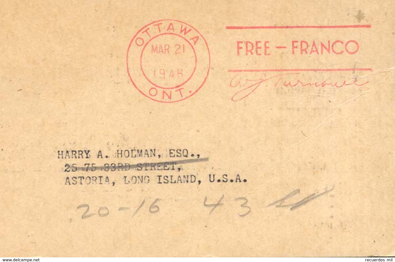 Canada 1946 Tarjeta Division Filatelica Del Canada Marcas Otawa Free Franco - Otros & Sin Clasificación