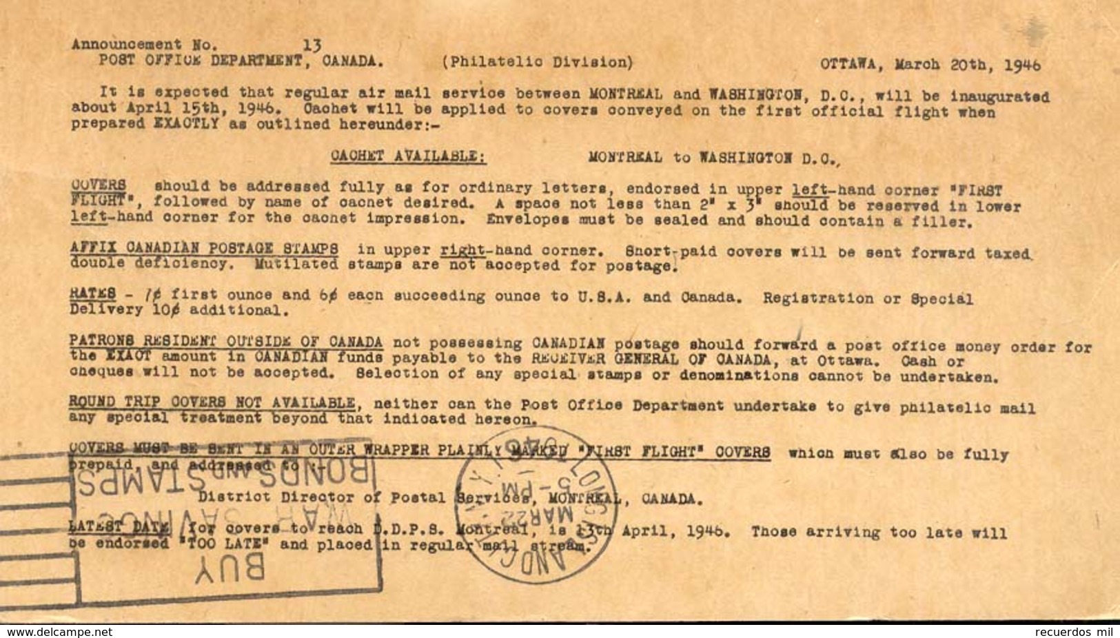 Canada 1946 Tarjeta Division Filatelica Del Canada Marcas Otawa Free Franco - Other & Unclassified