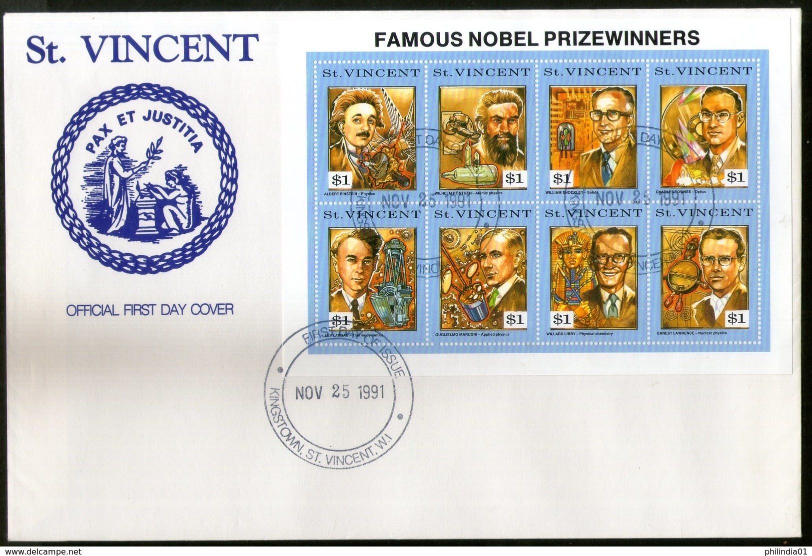 St. Vincent 1991 Nobel Prize Winner Einstein Roentgen Marconi Sc 1563 Sheetlet FDC # 15130 - Nobel Prize Laureates