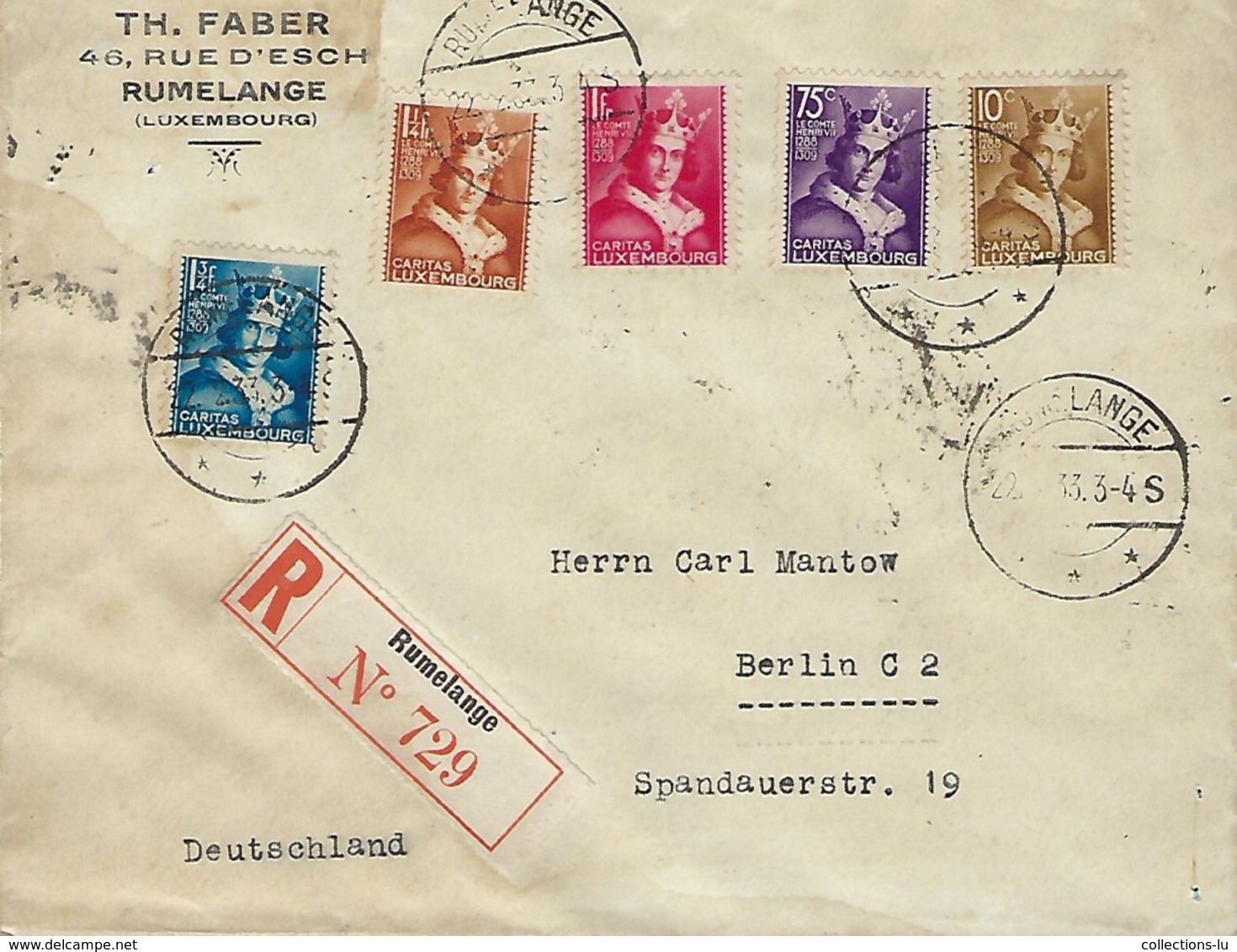 Luxembourg  - Lettre Recommandé - 22.12.1933 -Timbres - Caritas - Le Comte Henri VII -  Th.Faber - Rumelange - Lettres & Documents