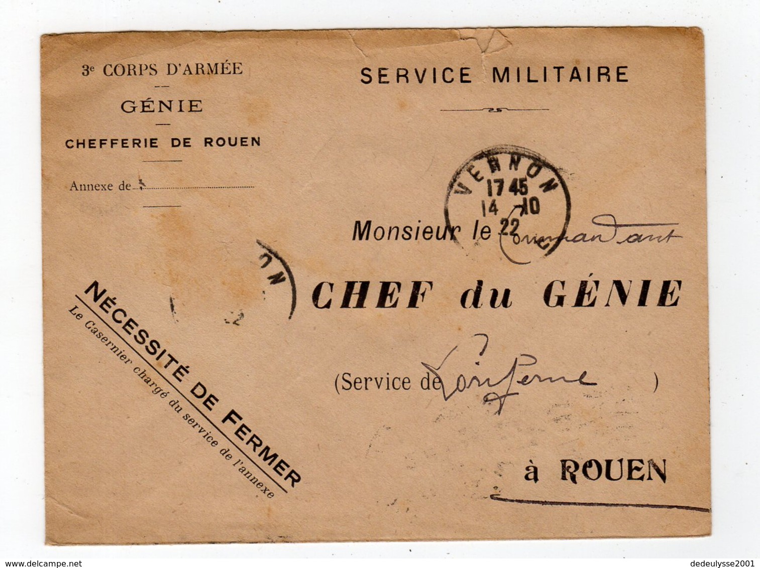 Mai20  88155    Enveloppe   3 E CORPS D'ARMEE  GENIE CHEFFERIE DE ROUEN - Marcofilie - EMA (Printer)