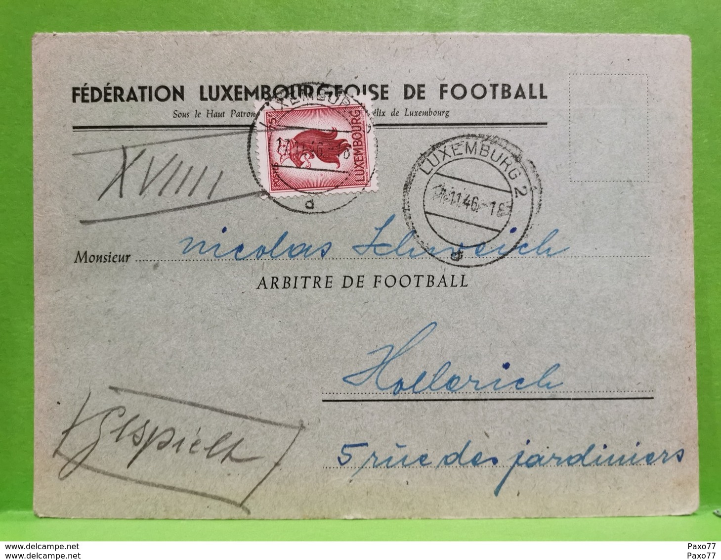 Fédération Luxembourgeoise De Football 1946, Convocation Jeux Kehlen Vs Koerich - Cartas & Documentos
