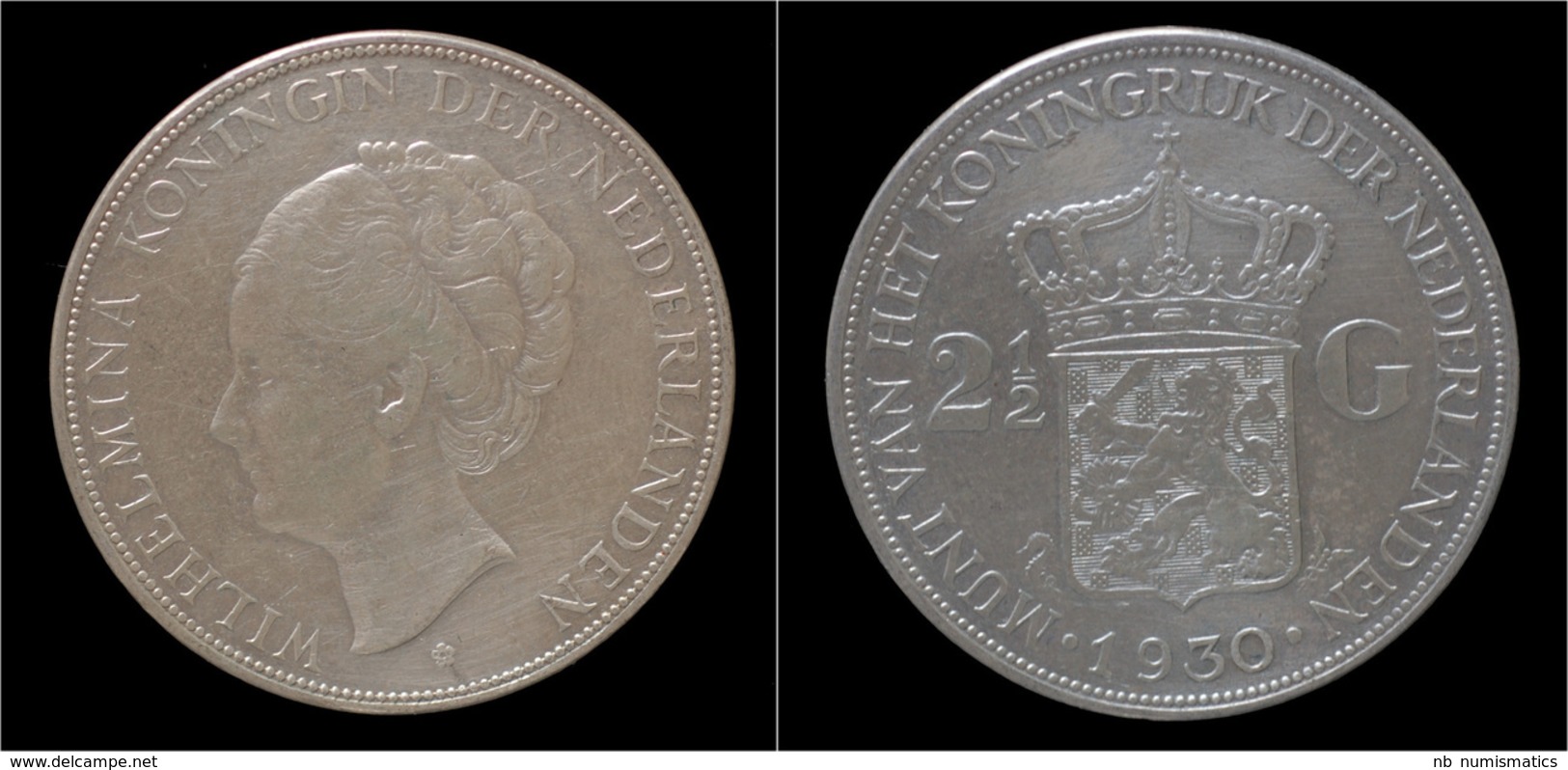 Netherlands Wilhelmina I 2 1/2 Gulden(rijksdaalder)1930 - 2 1/2 Gulden