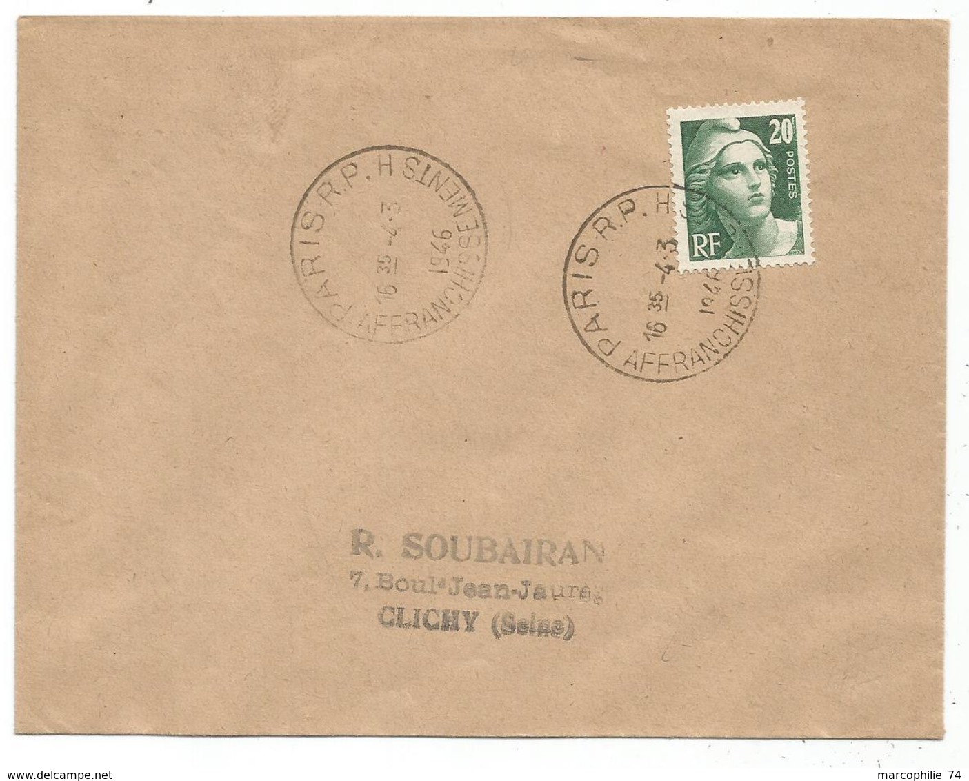 GANDON 20FR GRAVE LETTRE PARIS RP 4.3.1946 1ER JOUR RARE - ....-1949