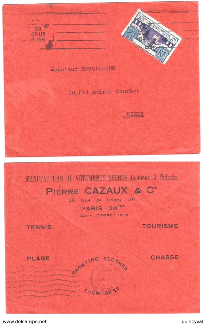 PARIS Lettre Entête(Verso) Vêtement Sport  CAZAUX Tennis Chasse Plage 25c Expo Arts Décoratifs 1925 Yv 213 - Briefe U. Dokumente
